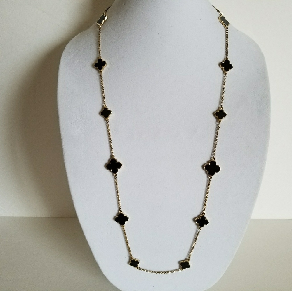 Brand new gold plated necklace,black enamel clover